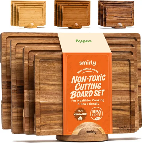 Miniatura 17 de SMIRLY - Tabla de corte grande de acacia para cocina: tabla de cortar de madera grande con ranura para jugos, tablas de cortar de madera para 15