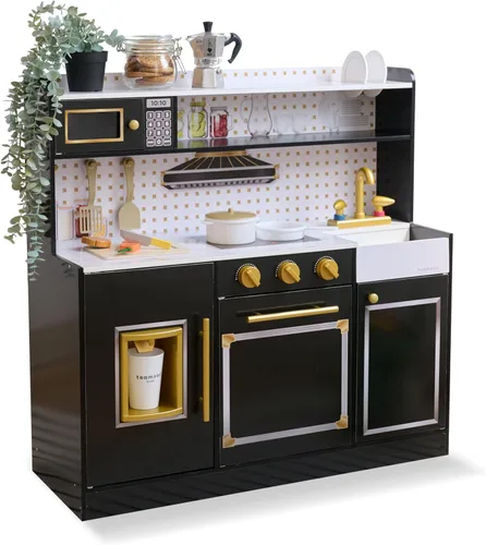 Teamson Kids Juego de cocina de madera para niños pequeños con accesorios, juego de cocina simulada para niños de 3 años en adelante, juego de Negro