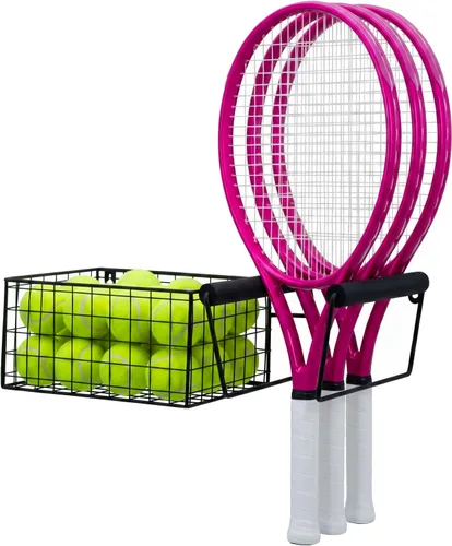 Miniatura 6 de MyGift Raqueta de tenis de metal colgante y cesta de almacenamiento de pelota de tenis, soporte de raqueta montado en la pared
