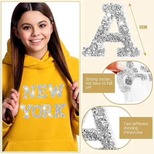 Miniatura 3 de Tigeen 52 calcomanías de letras con purpurina de diamantes de imitación de la A a la Z, calcomanías autoadhesivas para planchar para ropa