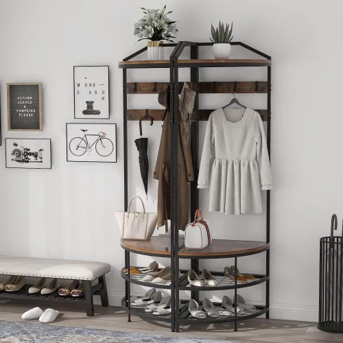 Miniatura 3 de GiftGo Árbol de pasillo de esquina con banco para zapatos, perchero de entrada con 10 ganchos móviles de metal, estante para zapatos y organizador