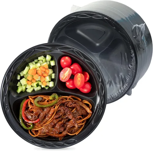 Miniatura 9 de Paquete de 150 platos de plástico negro de 9 pulgadas, envueltos retráctiles, sin prelavado BPA Free Heavy Duty Reusable & Sturdy Trays