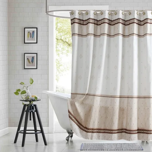 Miniatura 12 de Cortina de ducha de tela, estampado beige y tostado, cortinas de ducha con patrón de damasco bohemio de cachemira para baño, cortinas de baño Hudson