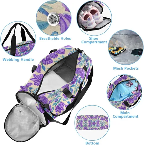 Miniatura 4 de Trendy Vintage Flower Lavender Blue1 Duffel Bag with Shoes Compartment Large Capacity Carry On Overnight Bag for Boys and Girls bolsos deportivos