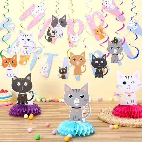 Miniatura 5 de Chinco Kit de 16 Piezas de Suministros de Fiesta de Cumpleaños con Tema de Gato, Incluye Bandera de Fiesta de Gato con 6 Recortes Colgantes, 6