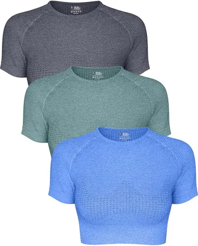 HYZ Conjunto de 3 piezas de entrenamiento para mujer, sin costuras, para yoga, gimnasio, correr, deportes, camisa atlética de manga corta