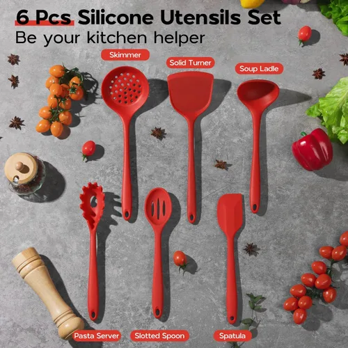 Miniatura 8 de Onader Juego de utensilios de cocina de silicona, juego de 6 utensilios de cocina rojos, resistente al calor, utensilios de cocina antiadherentes