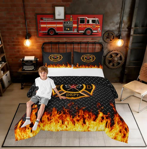 Miniatura 33 de Juegos de Edredón de Bombero Tamaño Twin para Niños, Adultos y Adolescentes, Juego de Ropa de Cama con Patrón de Insignia de Bombero y Llama