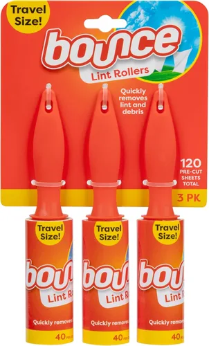 Bounce Rodillos de pelusa de viaje, paquete de 3, eliminan rápidamente la pelusa y los desechos, 120 hojas precortadas en total