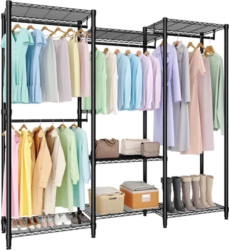 Miniatura 16 de Perchero de ropa resistente, perchero portátil de metal con estantes ajustables de 3 niveles, estantes de ropa independientes para colgar ropa