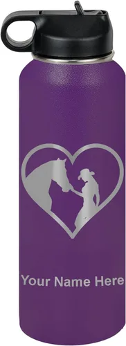 Miniatura 51 de LaserGram Botella de agua personalizada, corazón de vaquera de caballo, acero inoxidable de doble pared aislada al vacío con popote superior, regalo