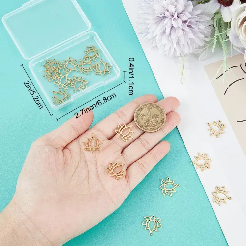 Miniatura 3 de Beebeecraft 1 Box 20Pcs Lotus Flower Charms 18K Gold Plated Brass Tibetan Style Flat Flower Charms for Jewelry Making
