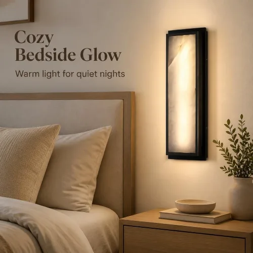 Miniatura 5 de Aplique de pared LED de alabastro natural de 16 pulgadas para baño, 20W-3000K, lámpara de pared moderna de estilo conciso, acabado negro