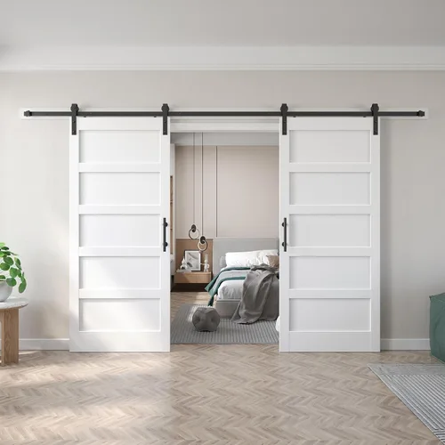 Miniatura 43 de Fredbeck Puerta de granero blanca de 30 x 84 pulgadas con kit de herrajes para puerta corredera de 5.5 pies incluido y asa, sólida, MDF, superficie
