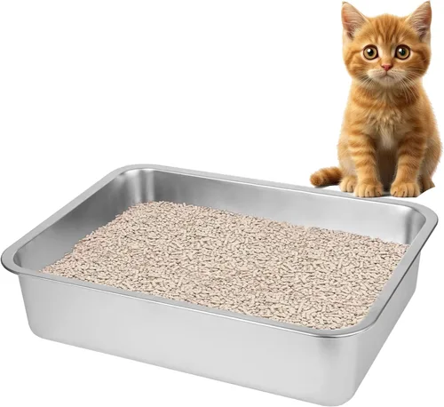 Caja de arena de acero inoxidable para gatos grandes, acero inoxidable pequeño, caja de arena de metal grande para gatos, fácil de limpiar. (17.5