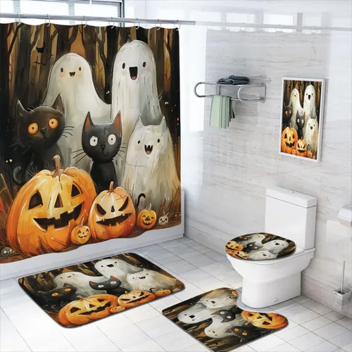 Miniatura 8 de Juego de 4 cortinas de ducha de Halloween con alfombra, cubierta para tapa de inodoro y tapete de baño, diseño de fantasmas de dibujos animados