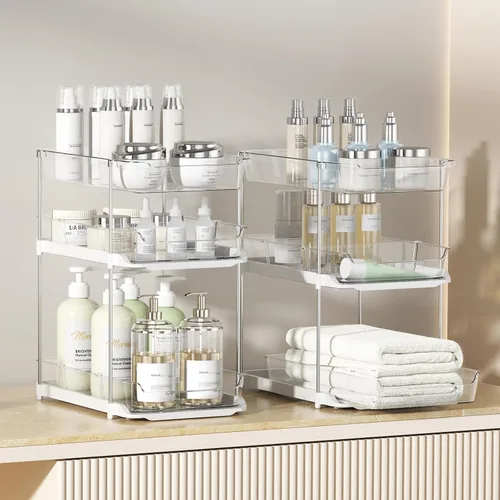 Miniatura 2 de Delamu 2 juegos de 3 niveles de organizadores y almacenamiento para debajo del fregadero del baño, organización y almacenamiento de despensa Blanco