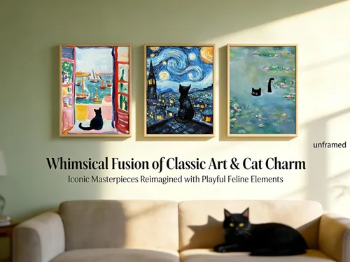 Miniatura 5 de 9 piezas divertidas de arte de pared de gato negro, gatos negros retro en pinturas famosas, carteles impresos, lindos gatos coloridos, decoración