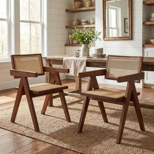 Miniatura 19 de Hyfirm Juego de 2 sillas de comedor de ratán negro, sillas de comedor de madera y caña de granja con asiento de bastón, sillones de cocina de ratán