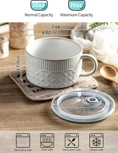 Miniatura 2 de Gomakren Tazón de sopa con asa de 39 onzas, cuenco de ramen para microondas con tapa, recipiente de sopa de cerámica para ramen, cereales, oficina