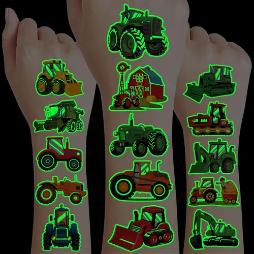 Tatuajes temporales de tractor que brillan en la oscuridad para niños, 96 calcomanías precortadas luminosas de granja | Recuerdos de fiesta de