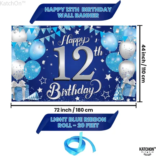 Miniatura 2 de KatchOn, Cartel de feliz cumpleaños número 12, 72 x 44 pulgadas, decoración de fiesta de feliz cumpleaños número 12 azul y plateado para niños