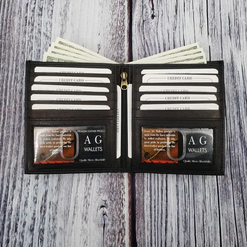 Miniatura 8 de ag wallets Cartera europea plegable de cuero genuino RFID para hombre Hipster 2 ventanas de identificación