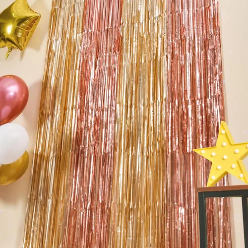 Miniatura 3 de LOLStar Paquete de 2 decoraciones de cumpleaños de oro rosa, cortinas de flecos de papel de aluminio rosa y dorado, cortinas de flecos de papel