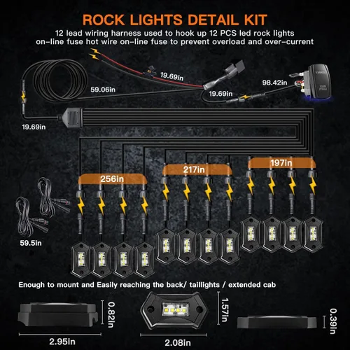 Miniatura 6 de Kit de luces LEDMIRCY R3 de roca blanca pura con interruptor de palanca, arnés de cable, 12 piezas de luces LED de roca blancas para camiones