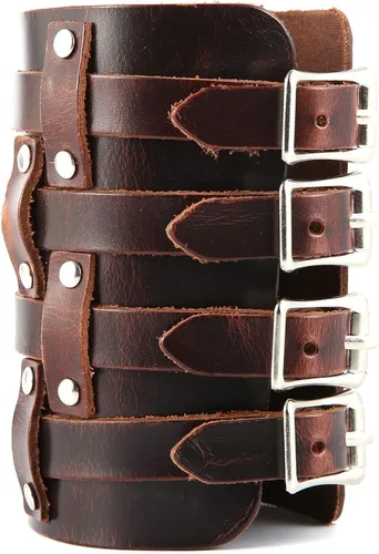Miniatura 5 de HZMAN Brazalete ancho de cuero con triple correa para hombre, con hebilla y cierre de brazo, 4 filas, Cuero