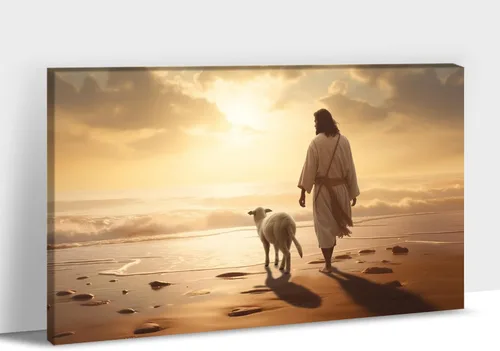 Miniatura 16 de Arte de pared en lona de Jesús y Cordero, Imagen de Jesús Corriendo tras la Oveja Perdida, Arte de pared religioso de Jesús Dejando las 99, Pinturas