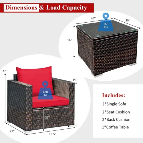 Miniatura 2 de COSTWAY Juego de muebles de patio de 3 piezas, sofá de mimbre para exteriores con cojines y mesa de centro con vidrio templado, juego moderno de Rojo
