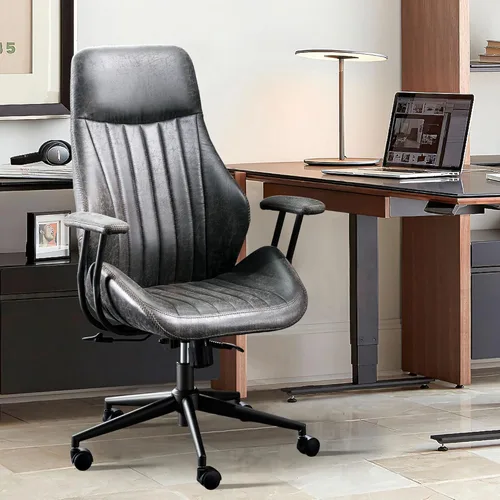 Miniatura 15 de ovios Silla de oficina en casa, sillas ergonómicas de piel sintética de mediados de siglo, respaldo medio, cómodo sillón ejecutivo giratorio