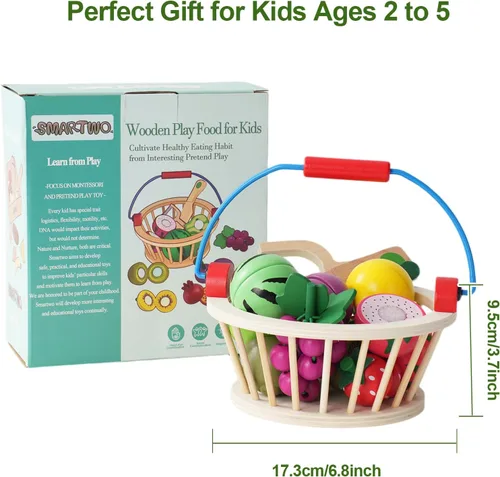 Miniatura 7 de Juguetes de madera para cortar frutas, juego de alimentos para cocina de niños, juego de frutas y verduras cortables, con cesta de picnic