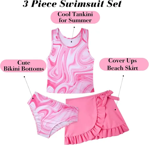 Miniatura 65 de Traje de baño tankini de 3 piezas para niñas, lindo bikini con salida de baño con falda de playa de 5 a 16 años