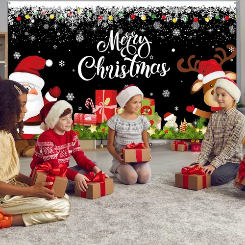 Miniatura 6 de Irenare Pancarta de Navidad telón de fondo de Papá Noel, reno y Feliz Navidad, cartel interior para Navidad, fiesta de vacaciones, cabina de fotos