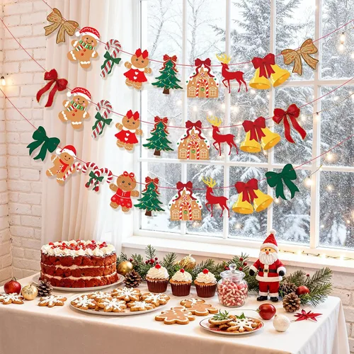 Miniatura 7 de 3 unidades de pancarta de Navidad con lazo vintage, lazos verdes y rojos, árbol de Navidad, árbol de Navidad, hombre de jengibre, guirnalda