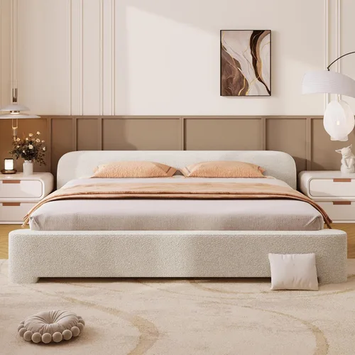 Miniatura 12 de Cama de Plataforma Tapizada con Forma Curva con Cabecera de Forma Curva, Marco de Cama de Madera Tamaño Full para Dormitorio de Niños y Adultos