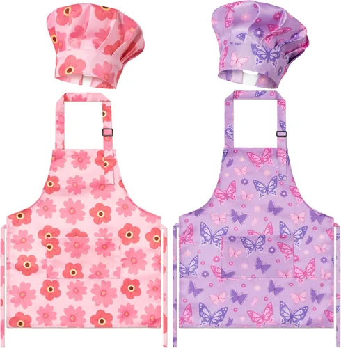 Miniatura 18 de Juego de 4 delantales y sombrero de chef para niños, regalo para niñas y niños, con palabras del alfabeto de animales, delantales ajustables