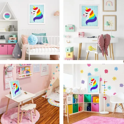 Miniatura 7 de Kit de Arte de Pintura de Pompones de Unicornio Funto, Más de 1100 Pompones, Lienzo y Marco Resistente para Decoración del Hogar, Manualidades