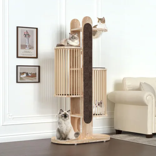 Moderna torre de árbol para gatos de interior, torre para gatos de madera maciza de 67 pulgadas de alto con postes rascadores, casa de lujo natural