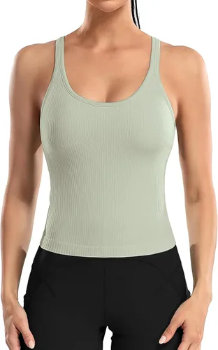 Miniatura 154 de ATTRACO Camiseta corta acanalada de entrenamiento para mujer con brasier integrado para yoga, espalda cruzada, ajuste ajustado