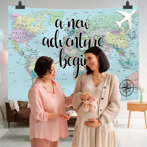 Miniatura 5 de Una nueva aventura comienza viajando niño, decoración de fiesta de baby shower, telón de fondo, mapa del mundo alrededor del mundo, aventura espera