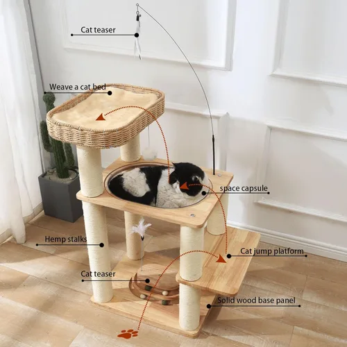 Miniatura 2 de Torre de árbol de madera para gatos con cápsula espacial, nido de cesta tejida a mano, juguete de plumas, bolas colgantes, postes de sisal, escalada