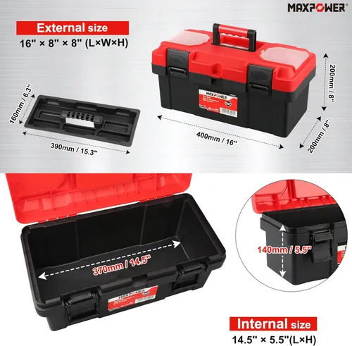 Miniatura 2 de MAXPOWER Caja de herramientas de 16 pulgadas, caja de herramientas pequeña de plástico con pestillo y bandeja extraíble, caja de herramientas