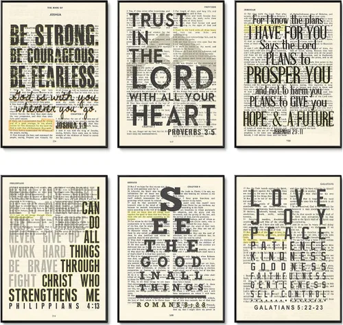 Juego de 6: Josué 1:9, Proverbios 3:5, Jeremías 29:11, Romanos 8:28, Gálatas 5:22-23, impresiones artísticas de pared de página bíblica cristiana