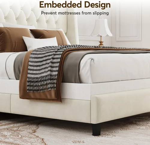 Miniatura 5 de Base de cama tamaño Queen con cabecera de 140 cm de altura, somier tapizado, tela suave, cabecera acolchada con botones y respaldo, cama con Beige