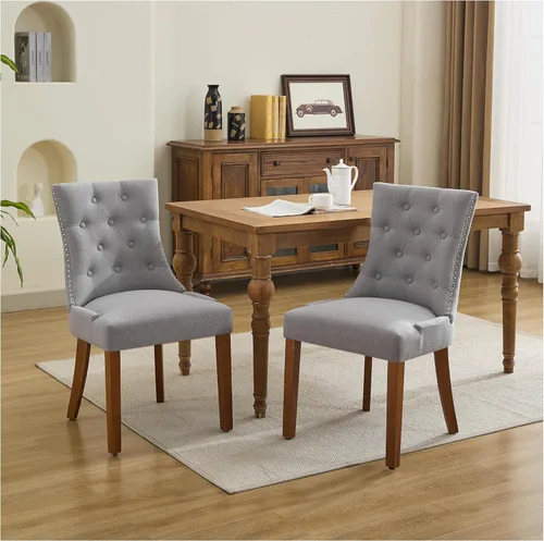 Miniatura 20 de Juego de 4 sillas de comedor tapizadas copetudas, sillas laterales de tela para comedor con cabeza de clavo en la parte trasera y patas de madera