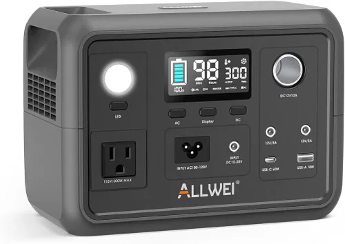ALLWEI - Estación de energía portátil 300 W (pico 600 W) mejorada, banco de batería LiFePO4 de 256 Wh, generador solar con 6 puertos de salida,