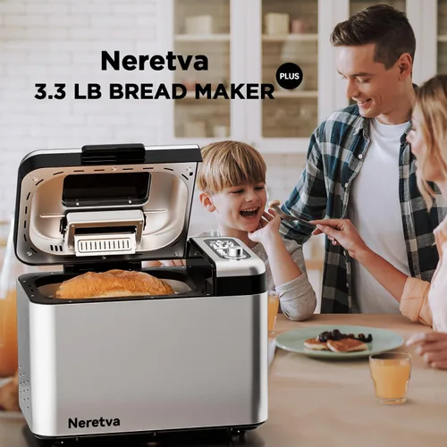 Miniatura 6 de Neretva Máquina para hacer pan, Máquina de pan más grande de 3.3 libras 15-en-1 de acero inoxidable y sartén de cerámica antiadherente y dispensador